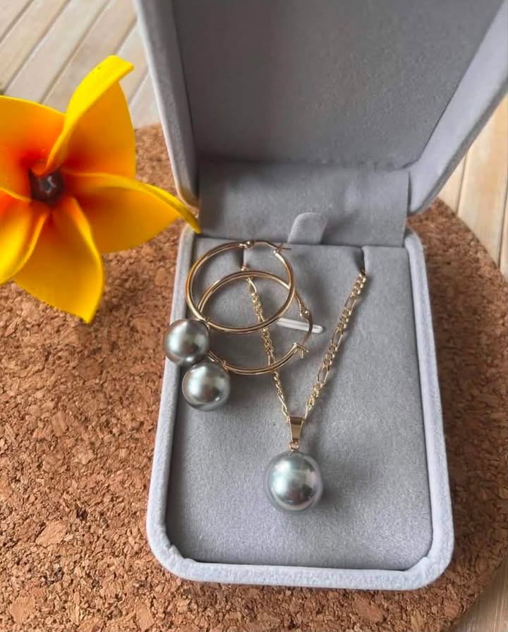 Tifitifi pearl necklace & hoop set (3cm) (silver grey)