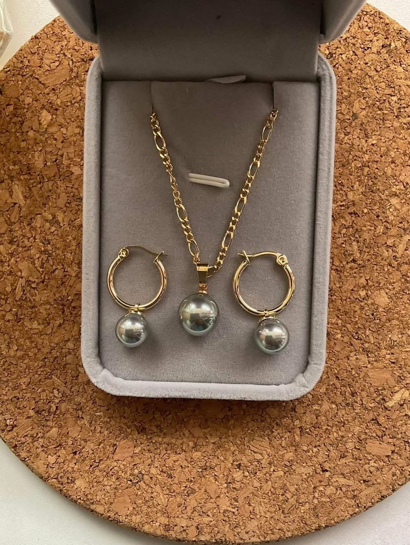 Tifitifi pearl necklace & hoop set (1.5cm) (silver grey)